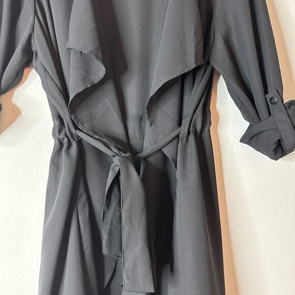 ReVamped Black Flowy Roll Tab Sleeve Tie Waist Waterfall Neck Wrap Dress Small - Picture 4 of 14